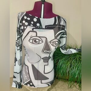 SHEIN Sheer Abstract Grey and Black Mesh Women's Top size Small